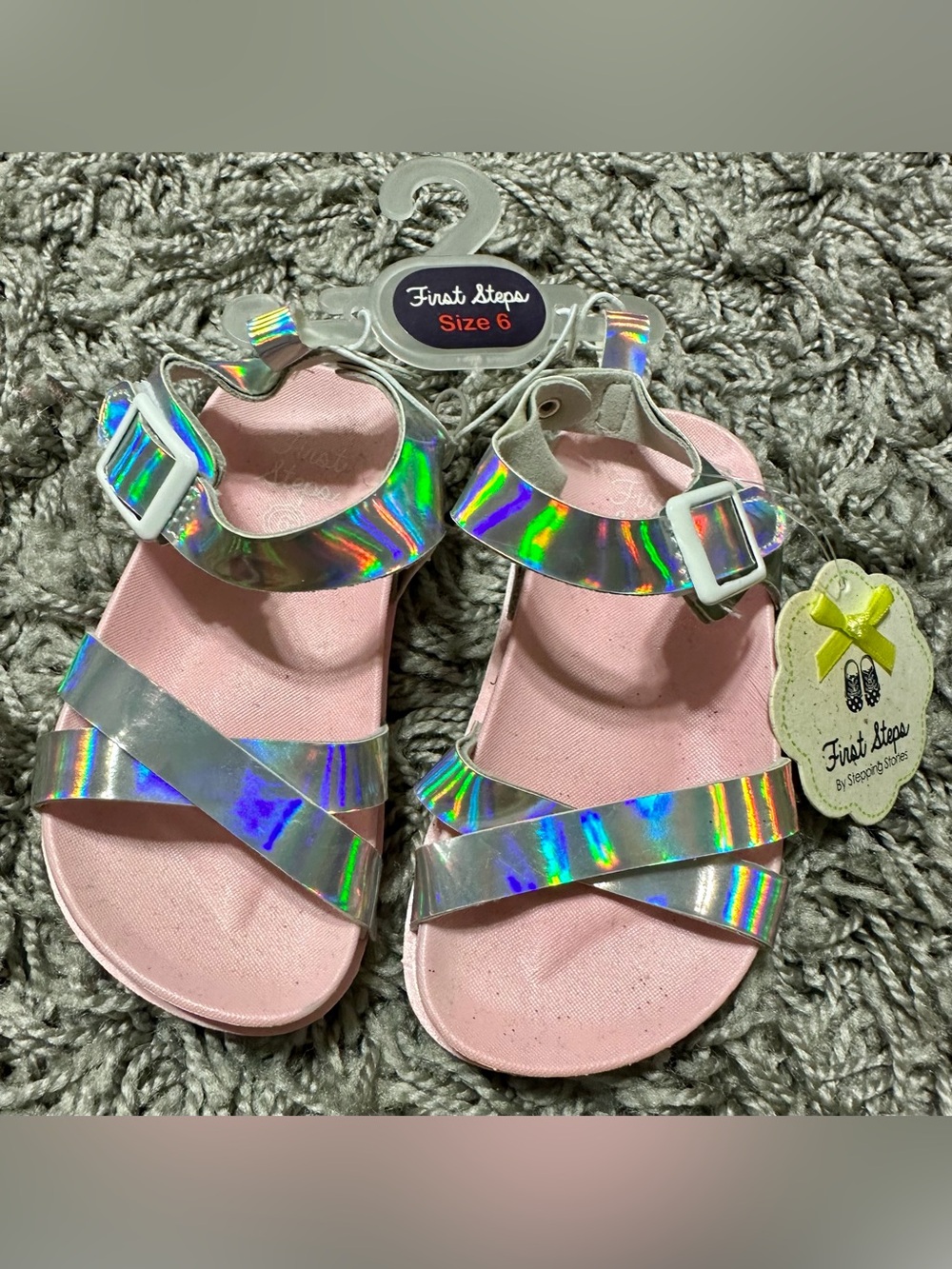 First Steps Girls' Holographic Silver Sandals - Pink Footbed (Size 6)